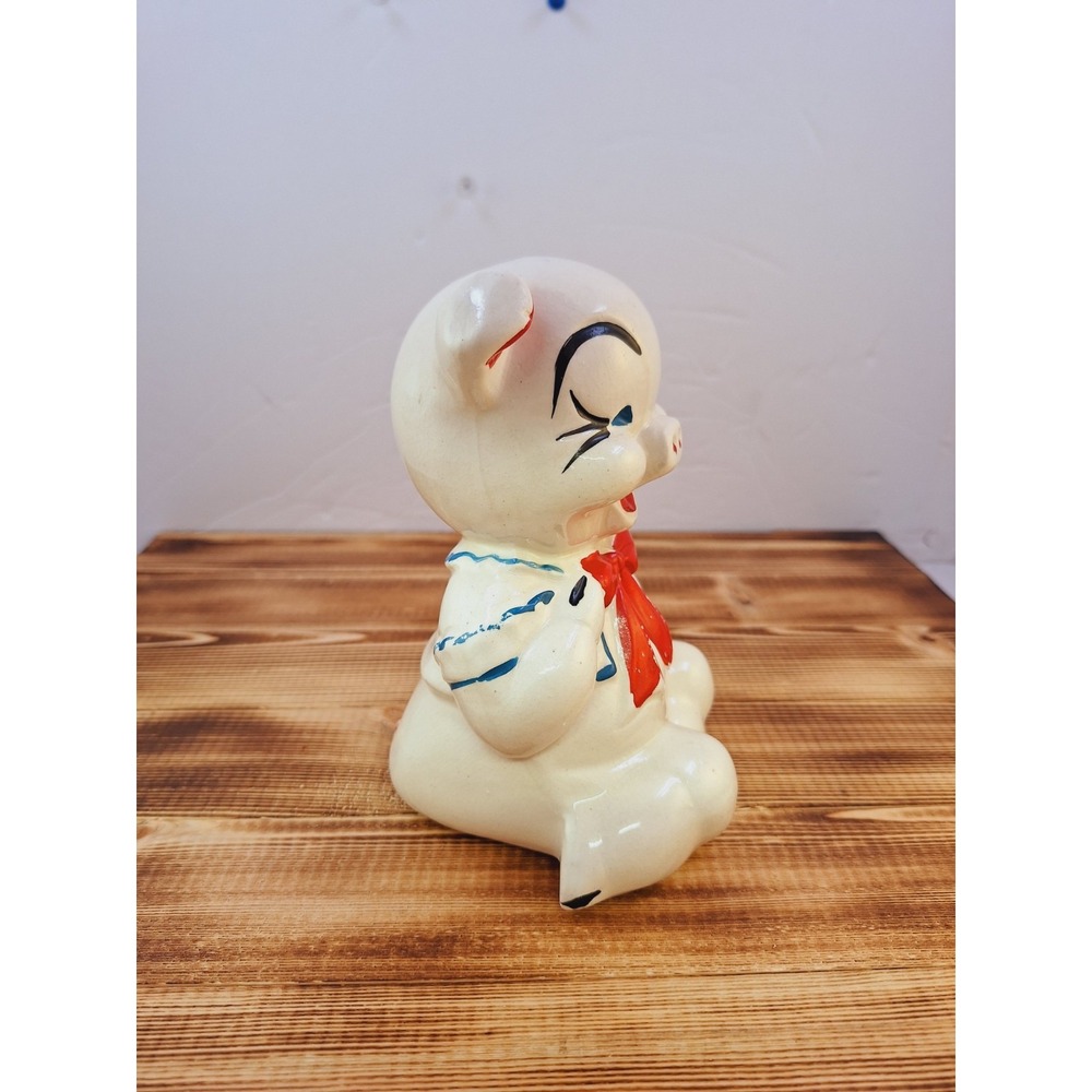Vintage‎ American Bisque Pottery Ceramic PORCELAIN Pig Piggy Bank RED Bow tie - Picture 2 of 10